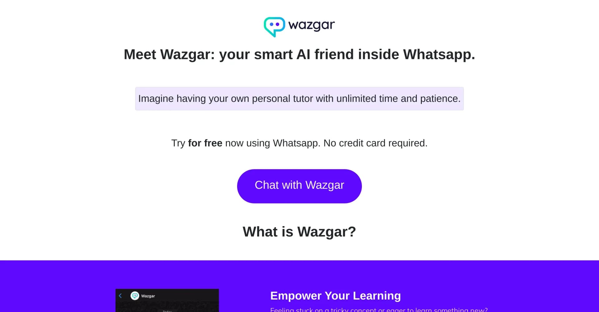Wazgar homepage screenshot — Your smart AI friend inside WhatsApp
