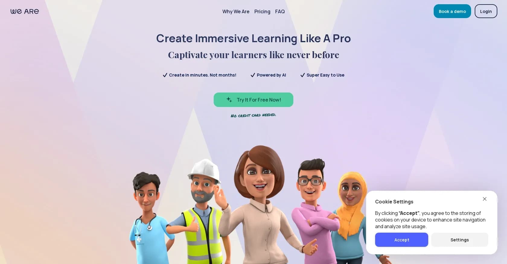 We Are Learning homepage screenshot — Create immersive AI-powered stories in minutes.