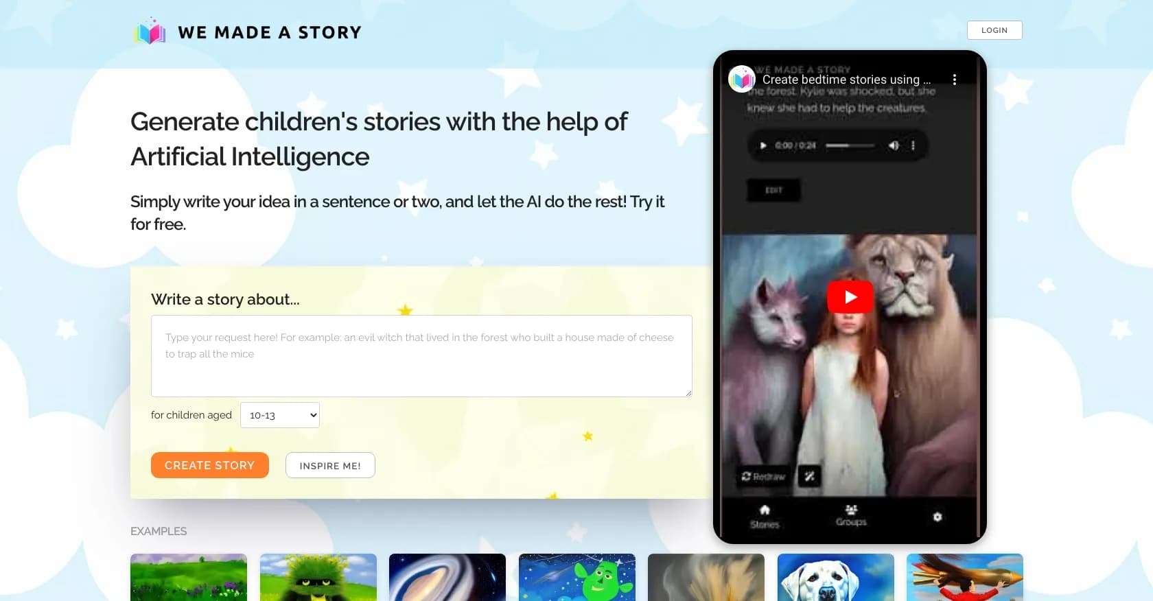 We Made a Story homepage screenshot — Create children's stories with AI-powered imagination.