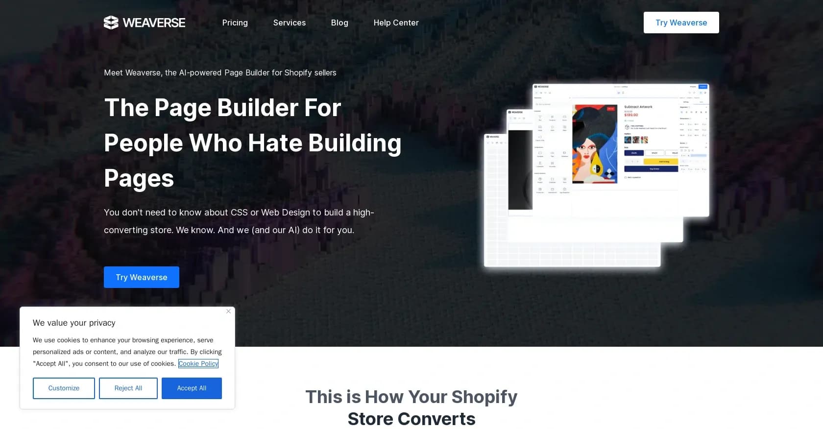 Weaverse homepage screenshot — Build high-performance eCommerce storefronts quickly
