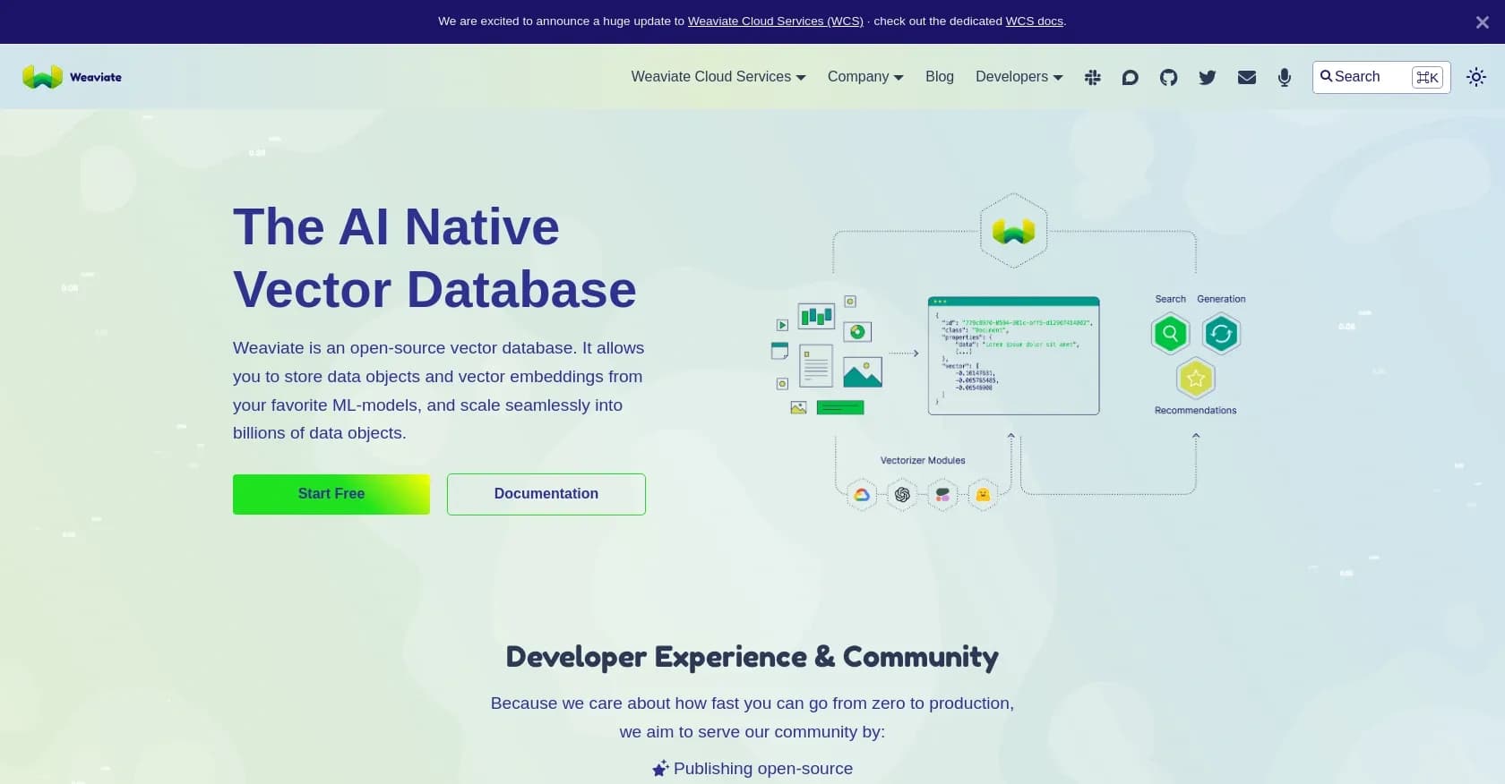 Weaviate homepage screenshot — The AI Native Vector Database