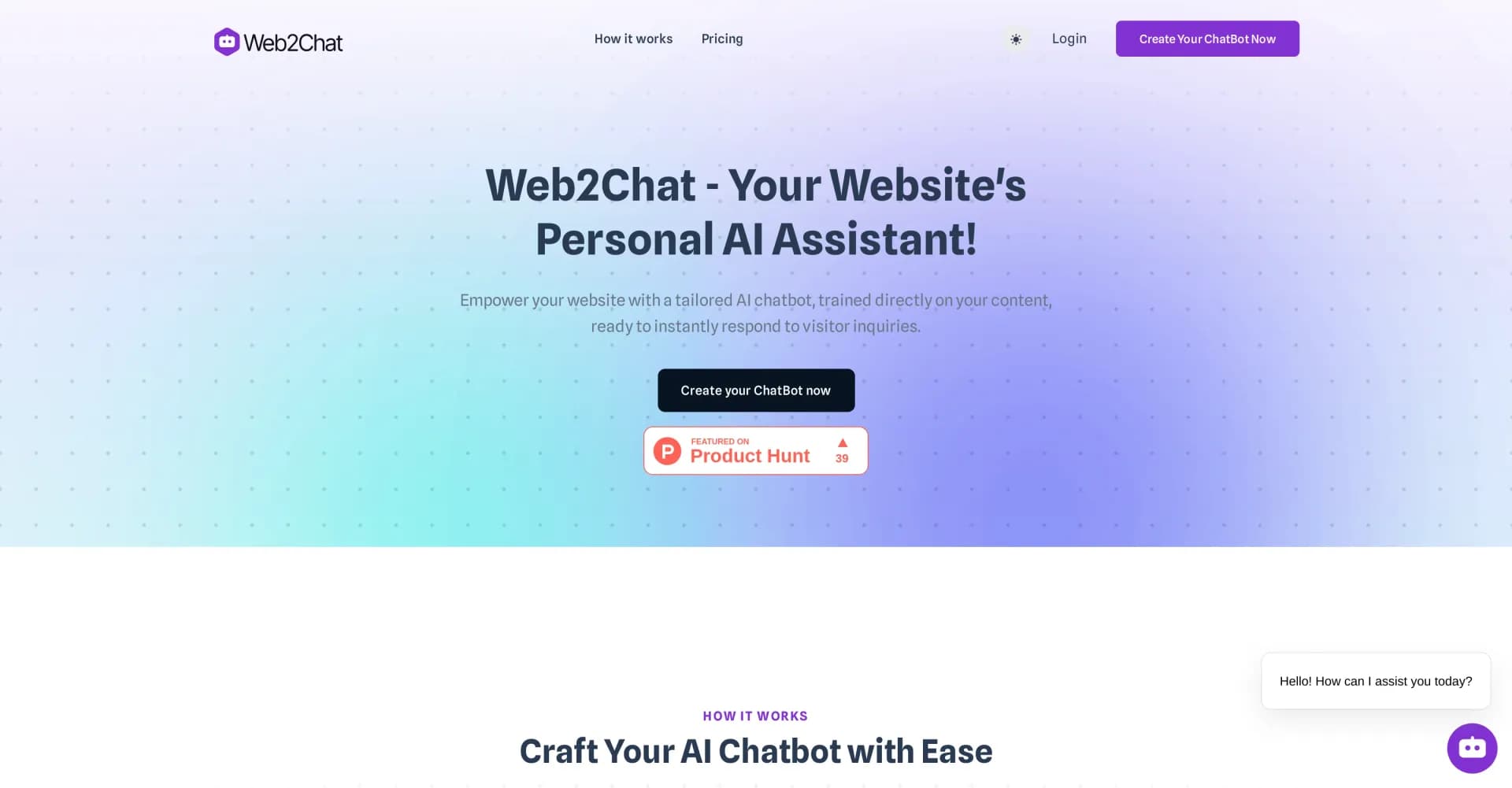 Web2Chat homepage screenshot — Empower your website with a tailored AI chatbot