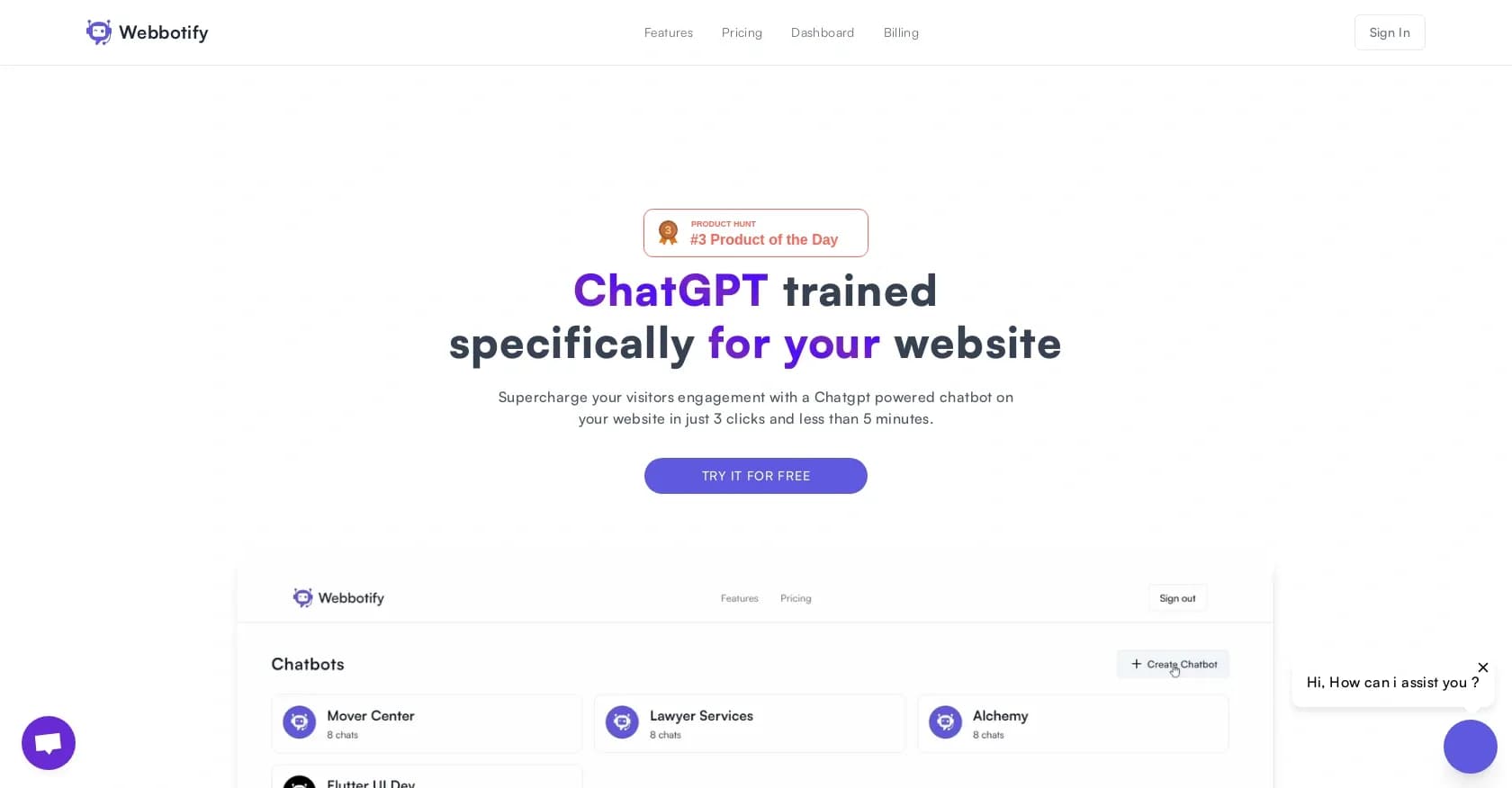 WebBotify homepage screenshot — Supercharge your website with AI-powered chat in minutes.