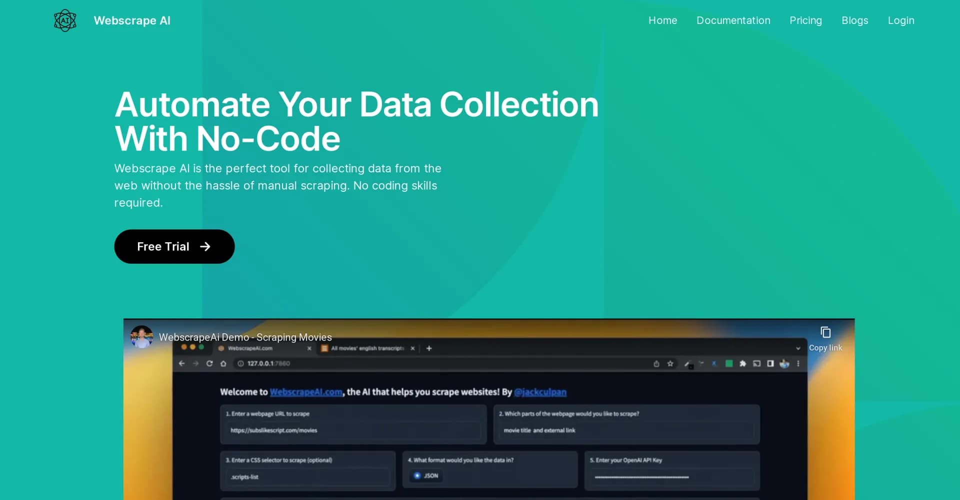 WebscrapeAi homepage screenshot — Automate web data collection without coding.