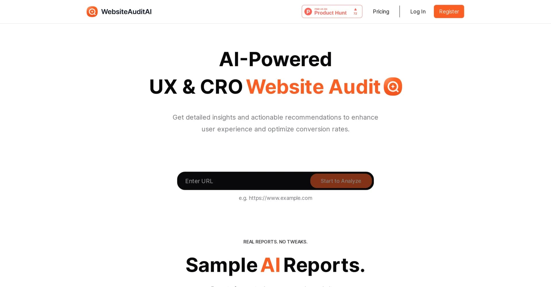 WebsiteAuditAI homepage screenshot — AI-powered website audit for UX and conversion optimization.