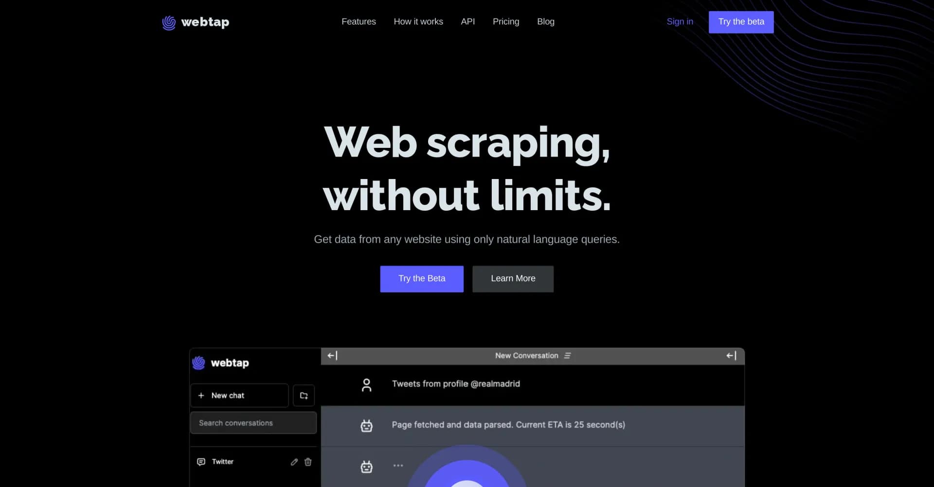 Webtap homepage screenshot — AI-powered web scraping using natural language queries.