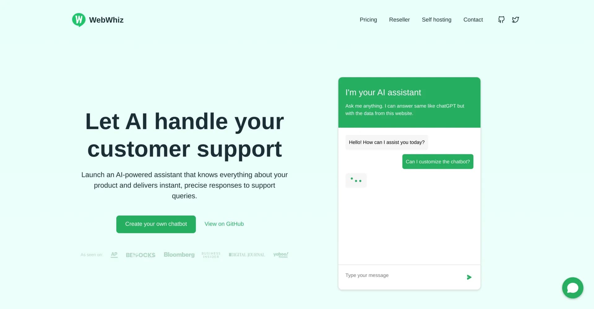 WebWhiz homepage screenshot — AI assistant that knows your product inside out