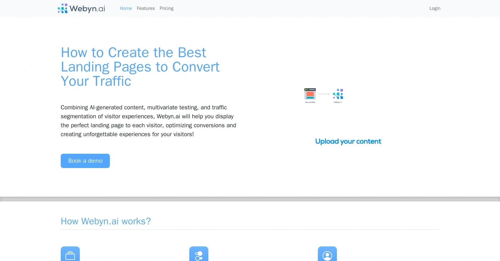 Webyn homepage screenshot — Generate landing pages that convert using AI.