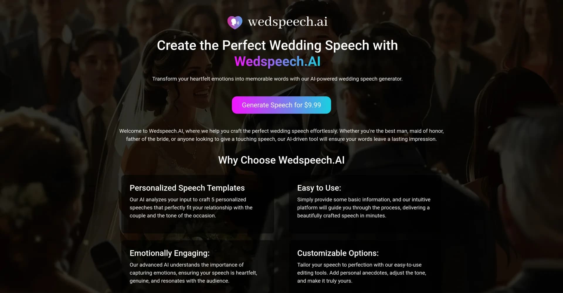 Wedspeech.AI homepage screenshot — Craft heartfelt wedding speeches effortlessly with AI.