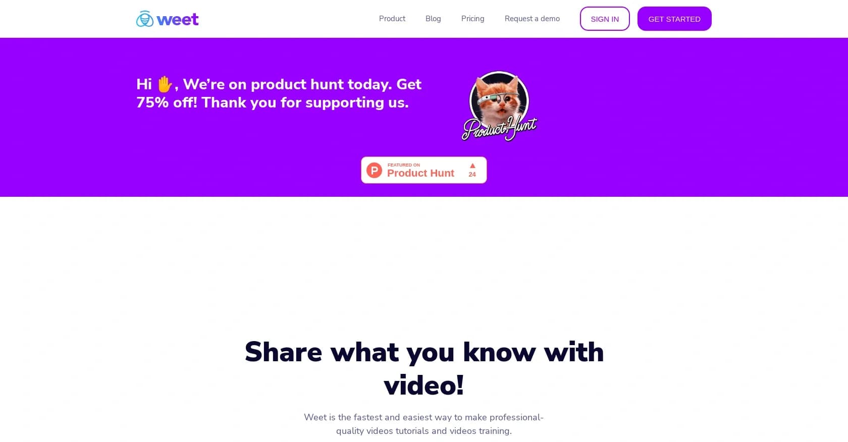 Weet homepage screenshot — Record AI-powered video tutorials instantly.