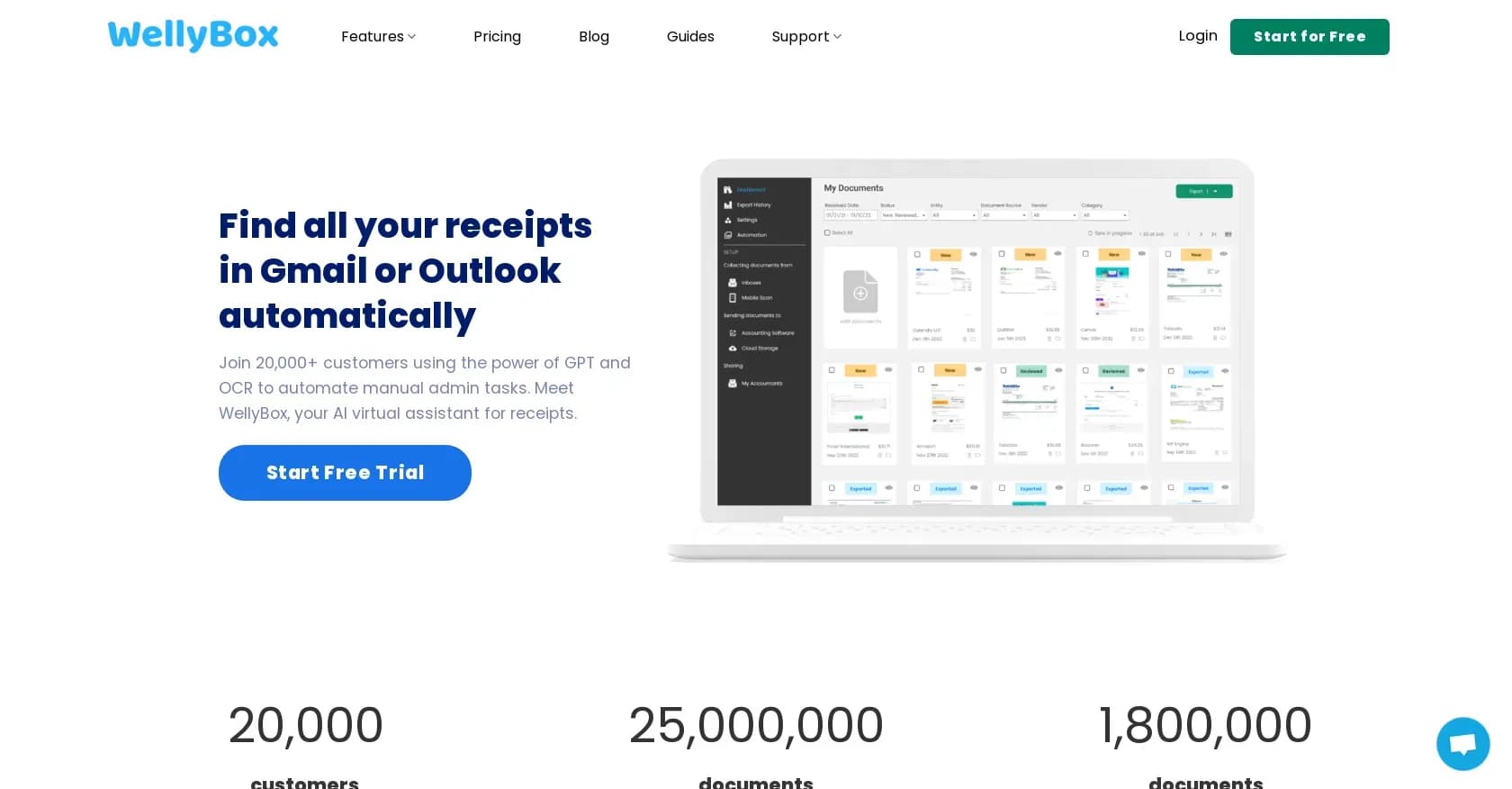 Wellybox homepage screenshot — Organize receipts effortlessly from your inbox.