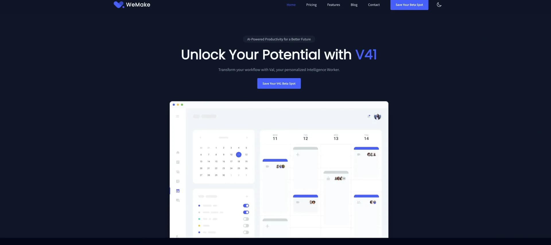WeMake homepage screenshot — AI-powered tool to streamline workflows and boost productivi