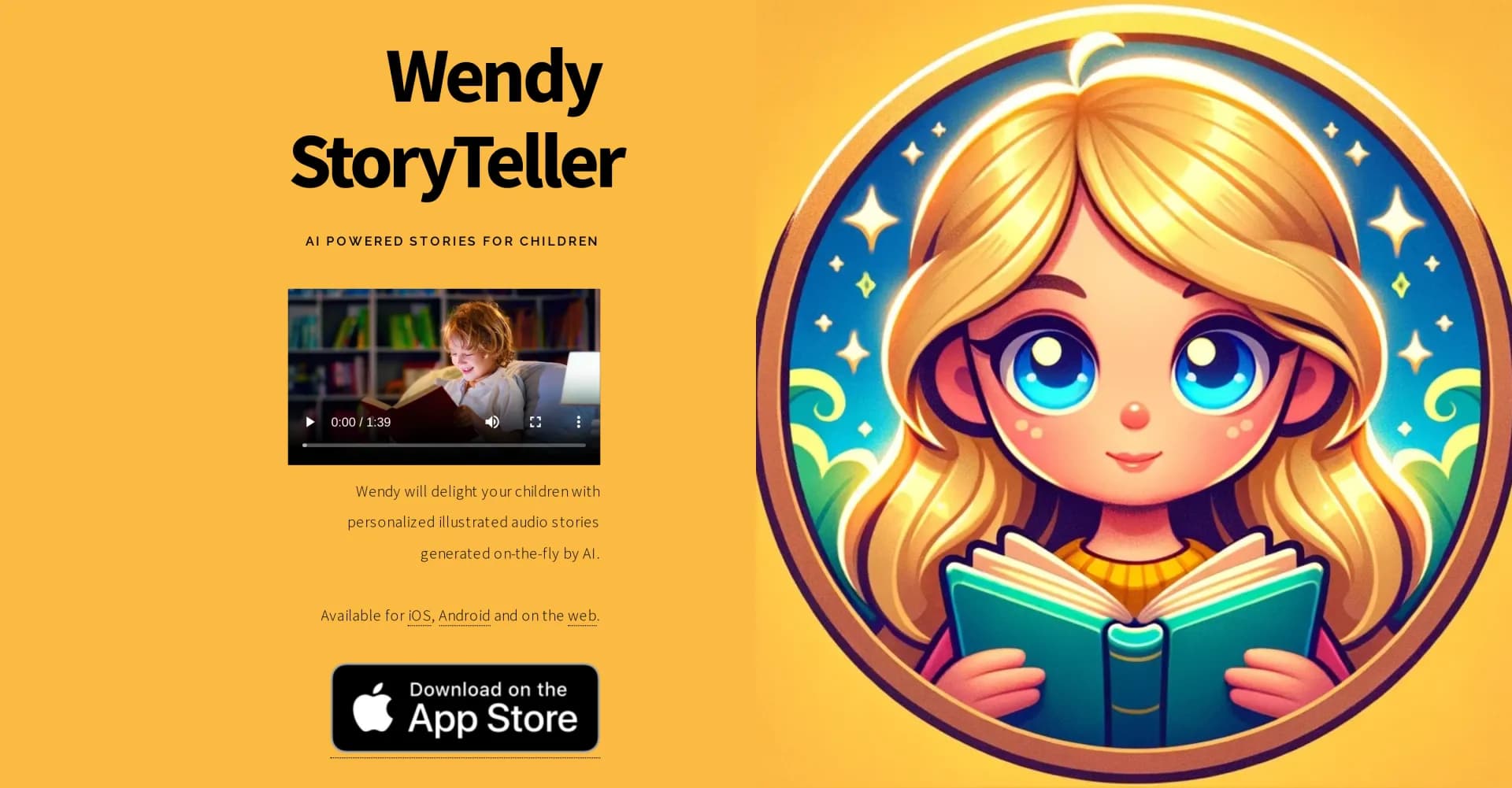 Wendy StoryTeller homepage screenshot — AI-powered personalized audio stories for children.