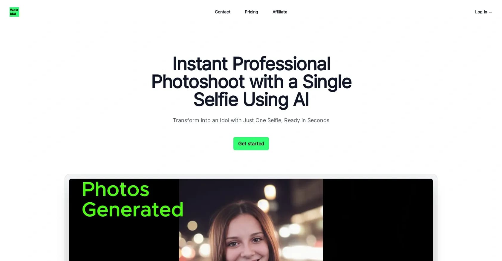 Westidol homepage screenshot — Instant pro photoshoot from a single selfie