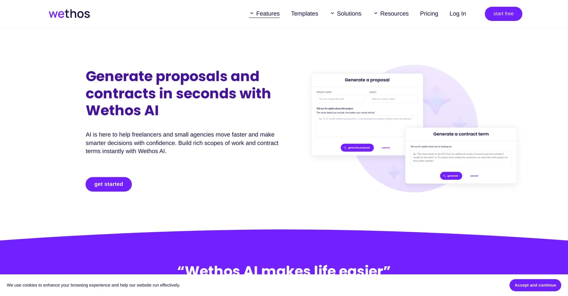 Wethos Proposals homepage screenshot — AI-powered proposals for entrepreneurs in seconds