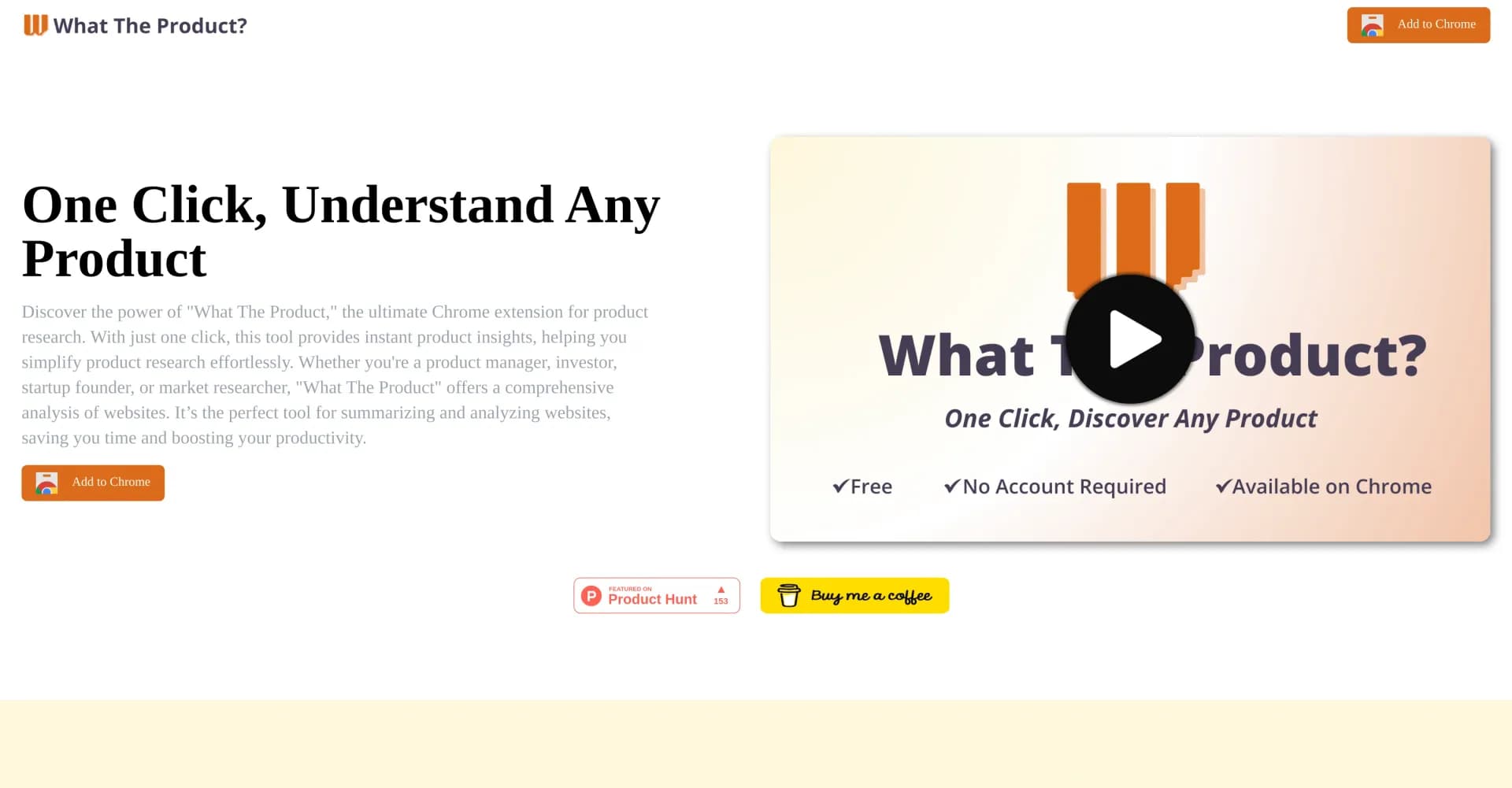 What The Product homepage screenshot — One click, understand any product.