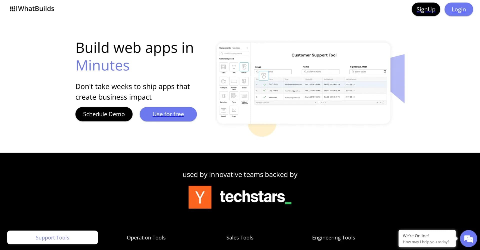 WhatBuilds homepage screenshot — Build web apps in minutes with drag & drop components