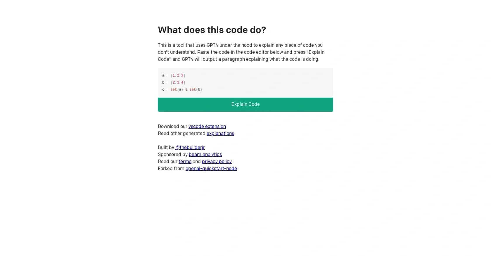 Whatdoesthiscodedo homepage screenshot — Decode any code with GPT-4 explanations.