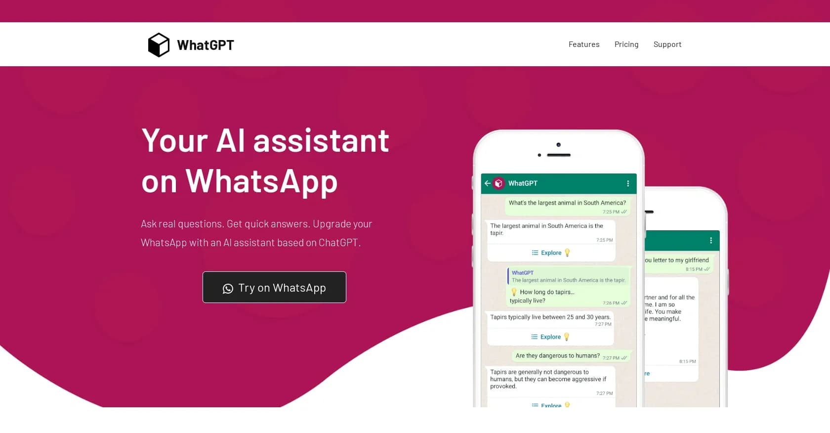 WhatGPT homepage screenshot — AI assistant on WhatsApp: Quick answers, real questions.