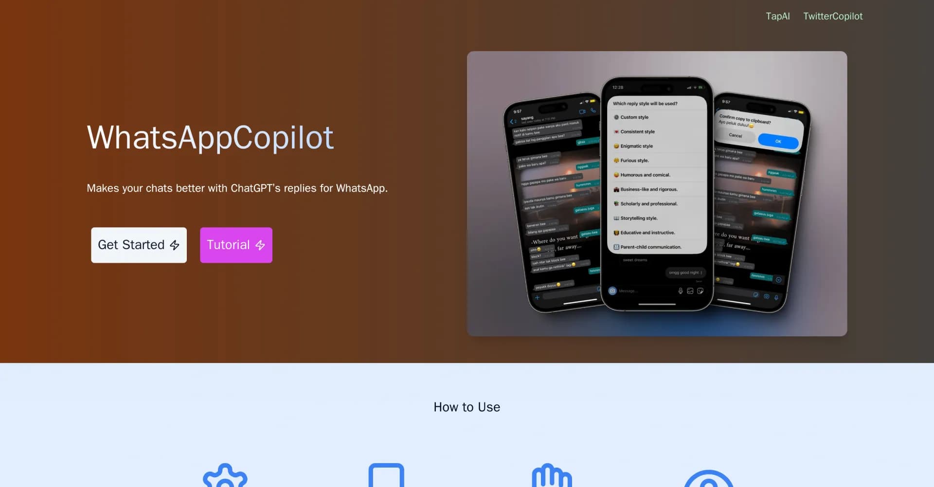 WhatsAppCopilot homepage screenshot — Enhance WhatsApp chats with AI-powered replies