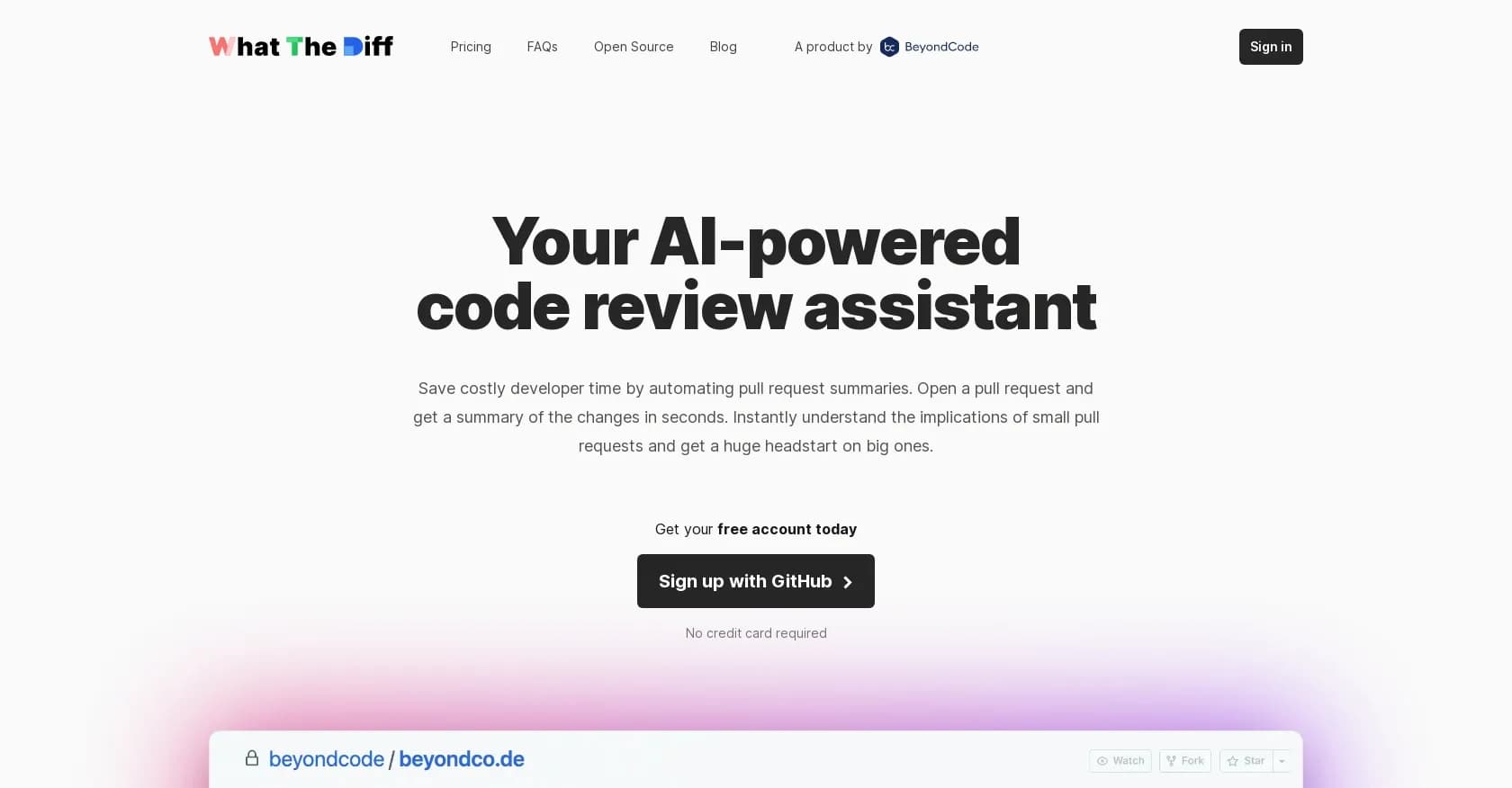 Whatthediff homepage screenshot — AI-powered GitHub app for automated PR summaries