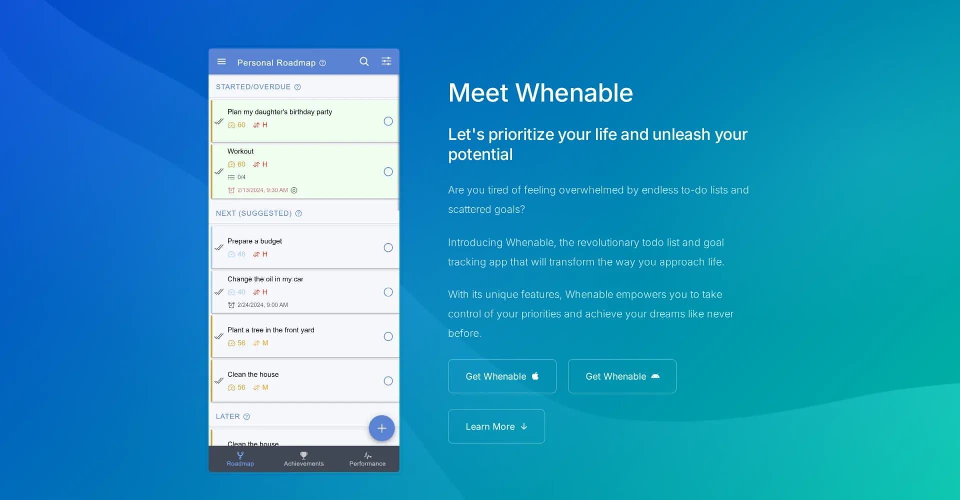 Whenable homepage screenshot — Prioritize your life with an innovative todo list and goal t
