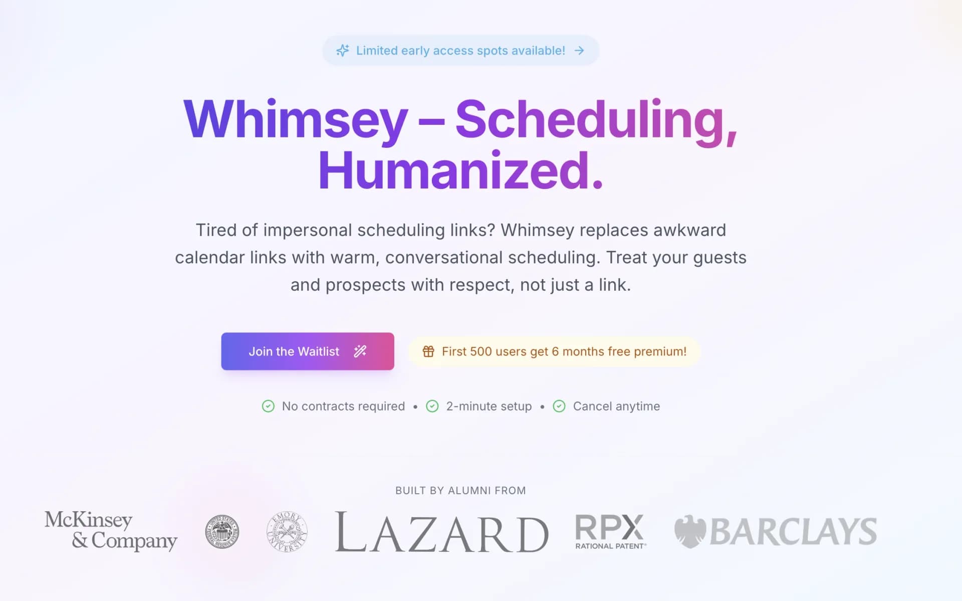Whimsey homepage screenshot — Your calendar, politely handled by AI.