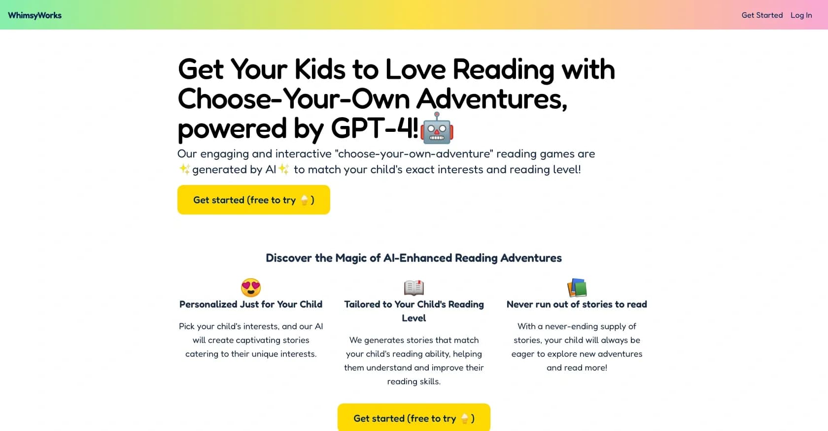 WhimsyWorks homepage screenshot — AI-powered adventures that make kids love reading