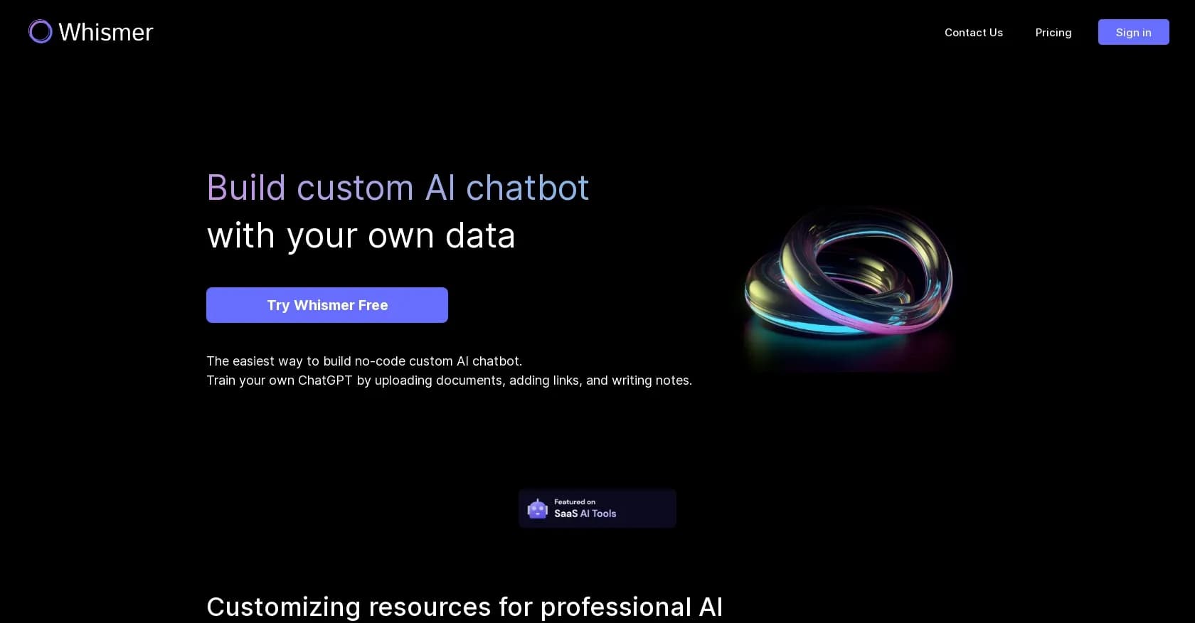 Whismer homepage screenshot — Build custom AI chatbots with your own data.