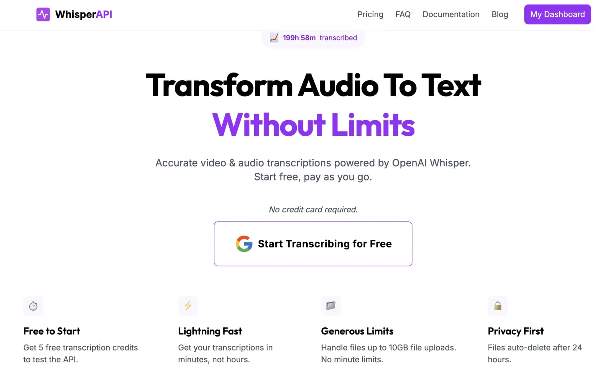 WhisperAPI homepage screenshot — Transform audio to text without limits