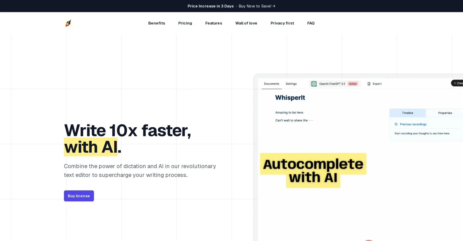 WhisperIt homepage screenshot — Write 10x faster with AI-powered dictation.