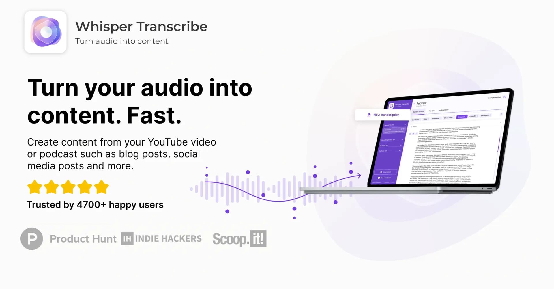 WhisperTranscribe homepage screenshot — Podcast, blog, social media content generation.