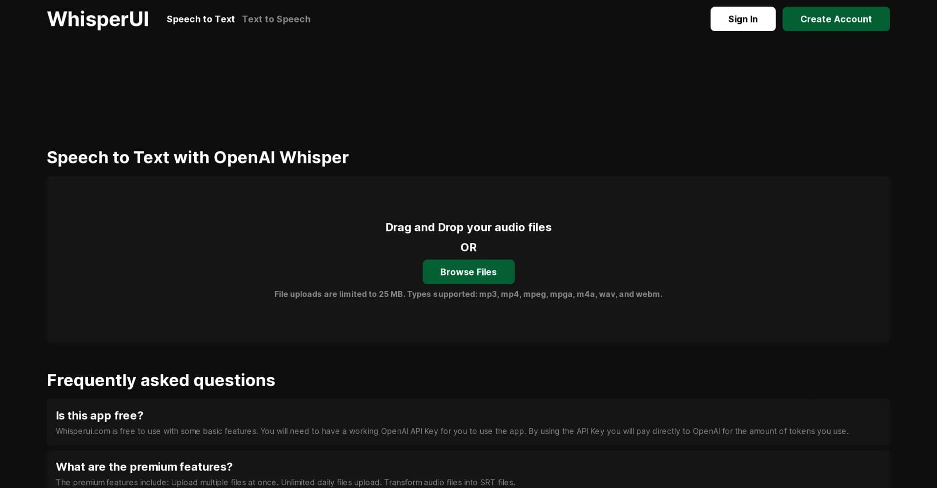 WhisperUI homepage screenshot — Convert audio to text with OpenAI Whisper