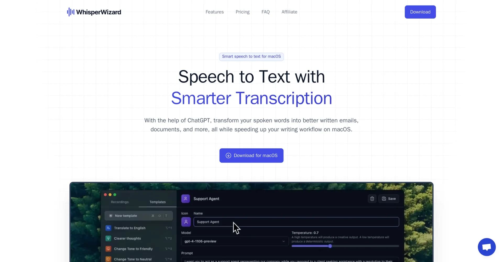 WhisperWizard homepage screenshot — Transform speech into smarter text with ChatGPT-powered tran