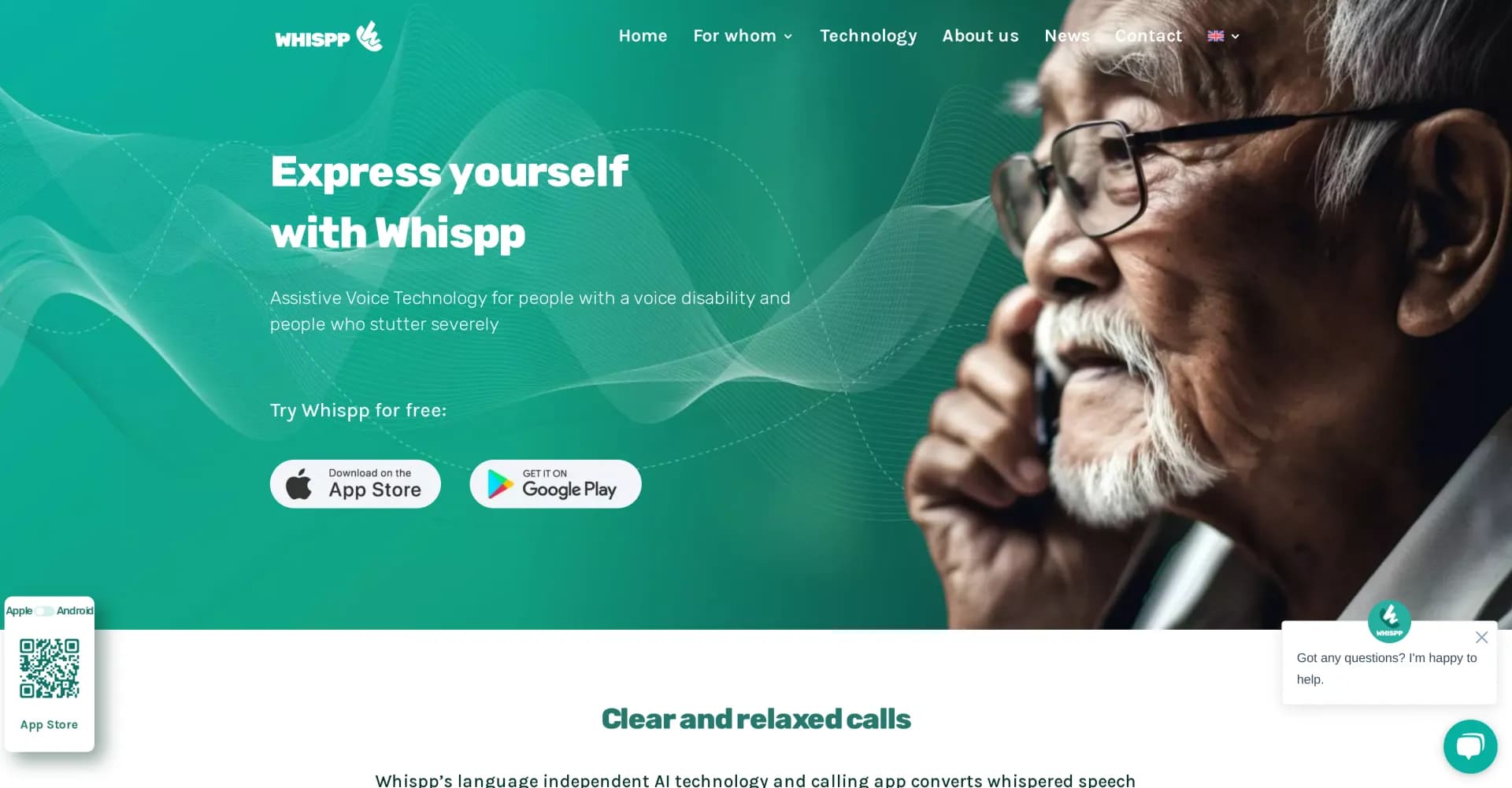 Whisppv1.5 homepage screenshot — Express yourself with assistive voice technology