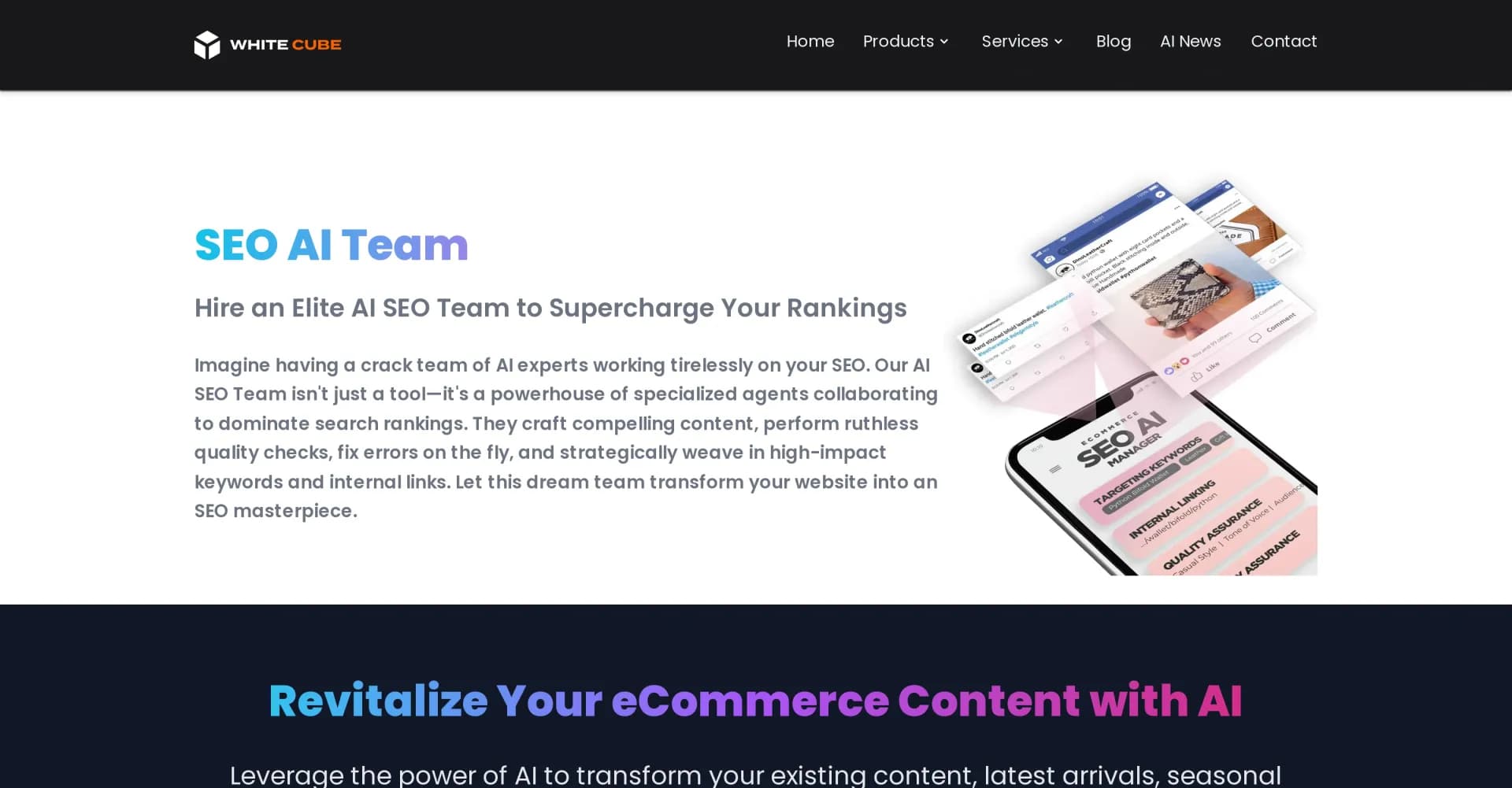 WhiteCube homepage screenshot — Supercharge rankings with an elite AI SEO team.