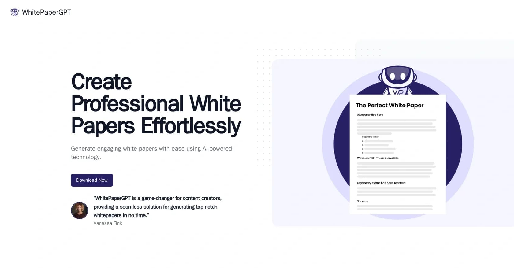 WhitePaperGPT homepage screenshot — AI-powered white papers in minutes.