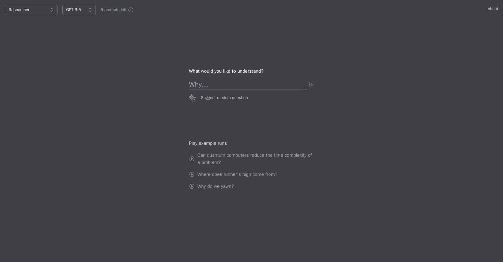 WhyBot homepage screenshot — Unravel complex questions with AI-powered research.