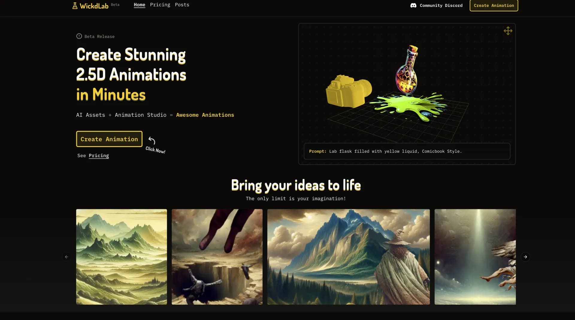 WICKDLAB homepage screenshot — Create stunning 2.5D animations in minutes