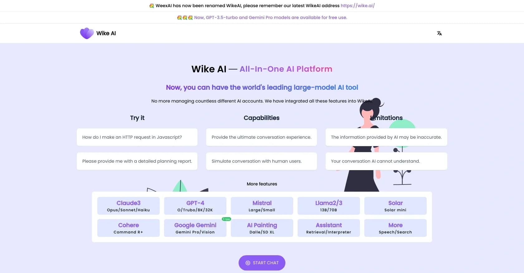 WikeAI homepage screenshot — Access top AI models in one platform.