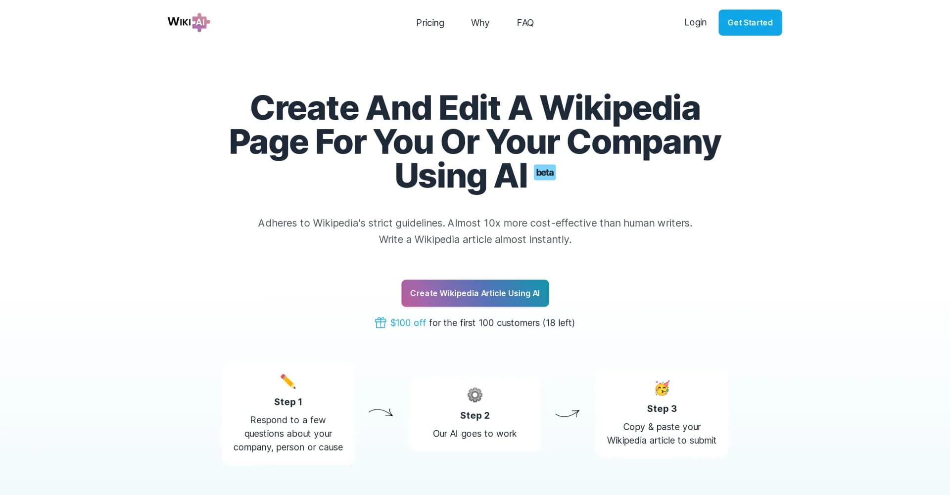 Wikipedia Article AI homepage screenshot — Create Wikipedia articles instantly with AI