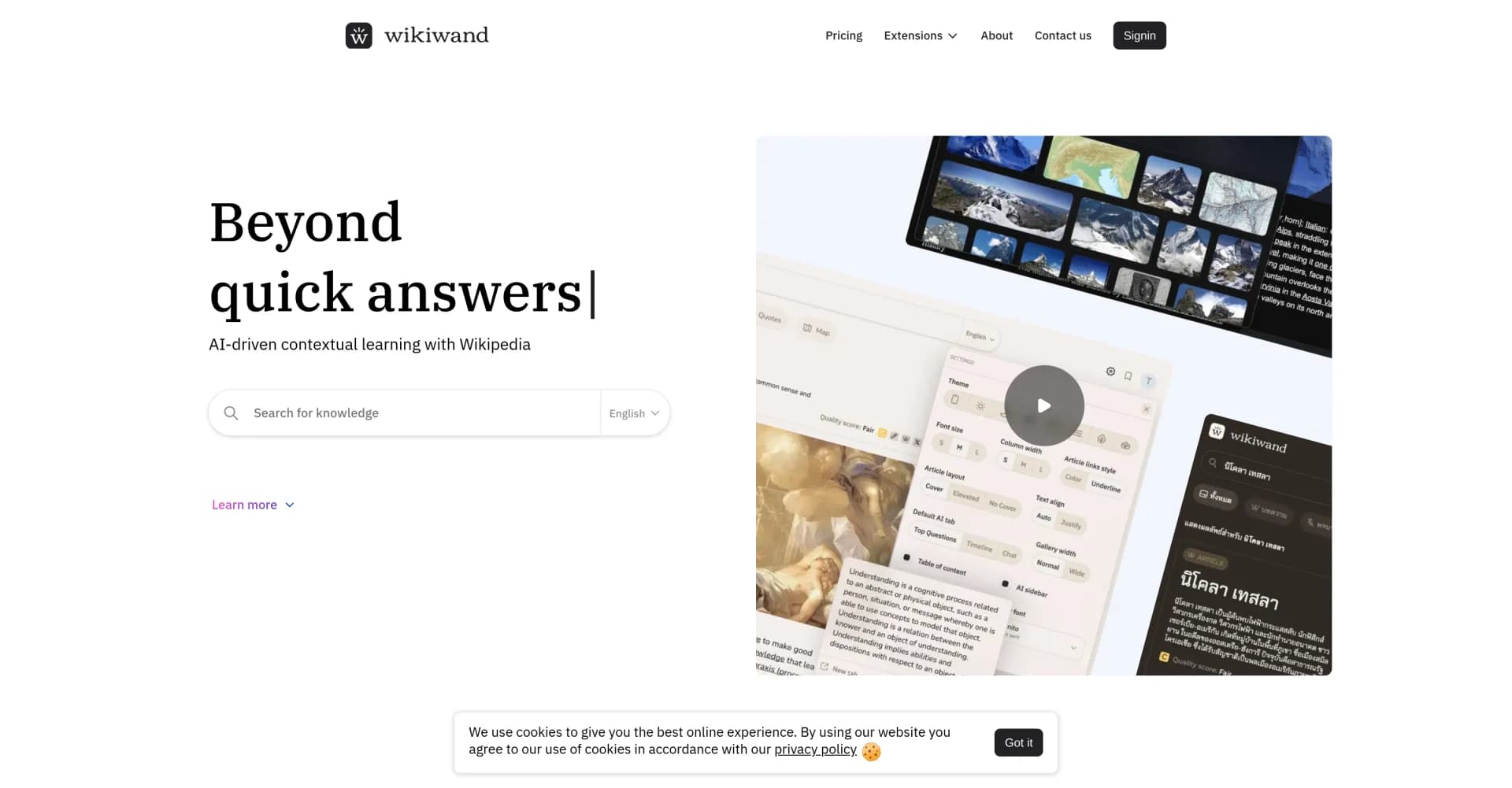 Wikiwand homepage screenshot — Transform Wikipedia: Discover more in less time