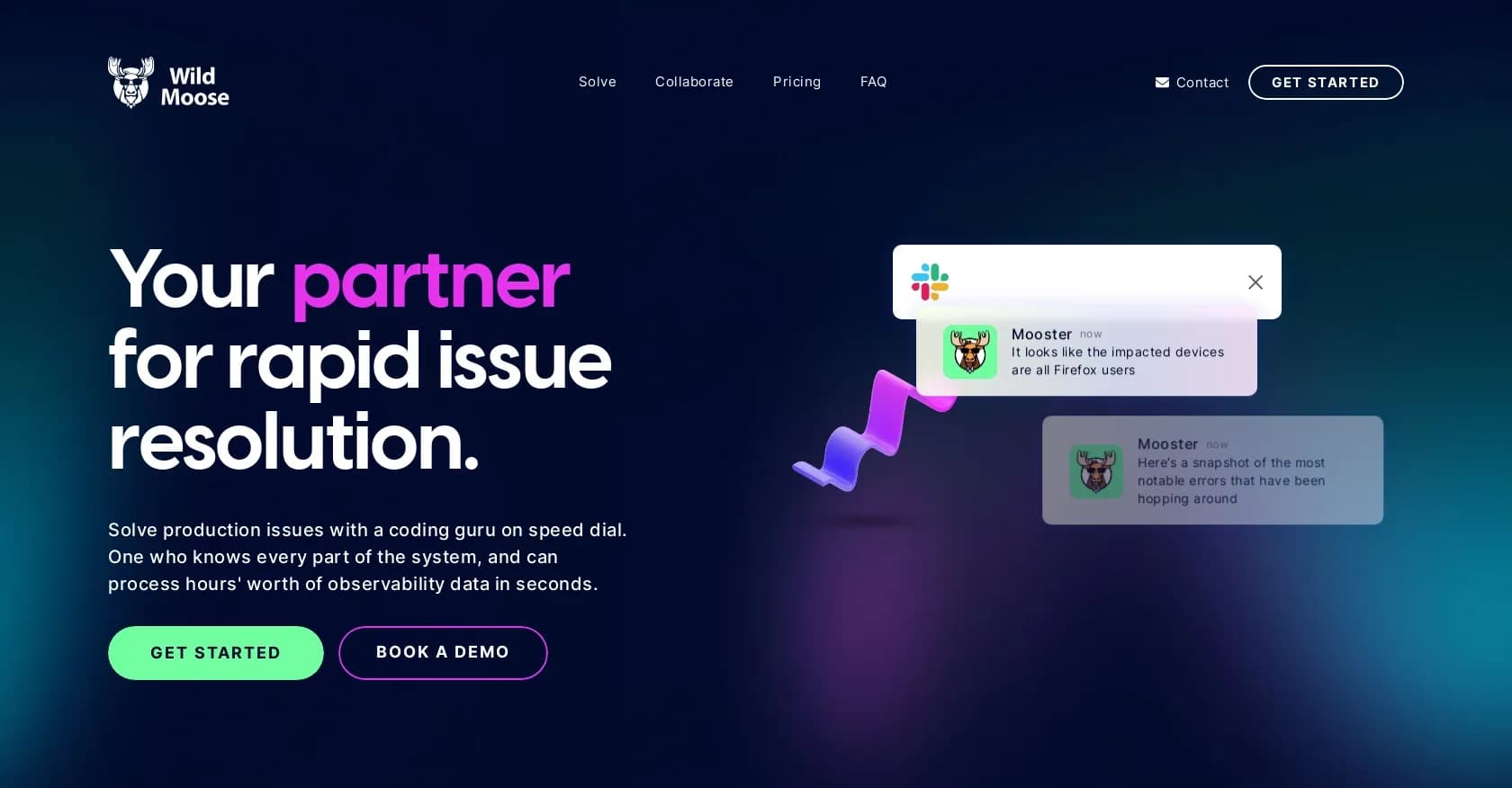 Wild Moose homepage screenshot — AI-powered rapid issue resolution for on-call developers.