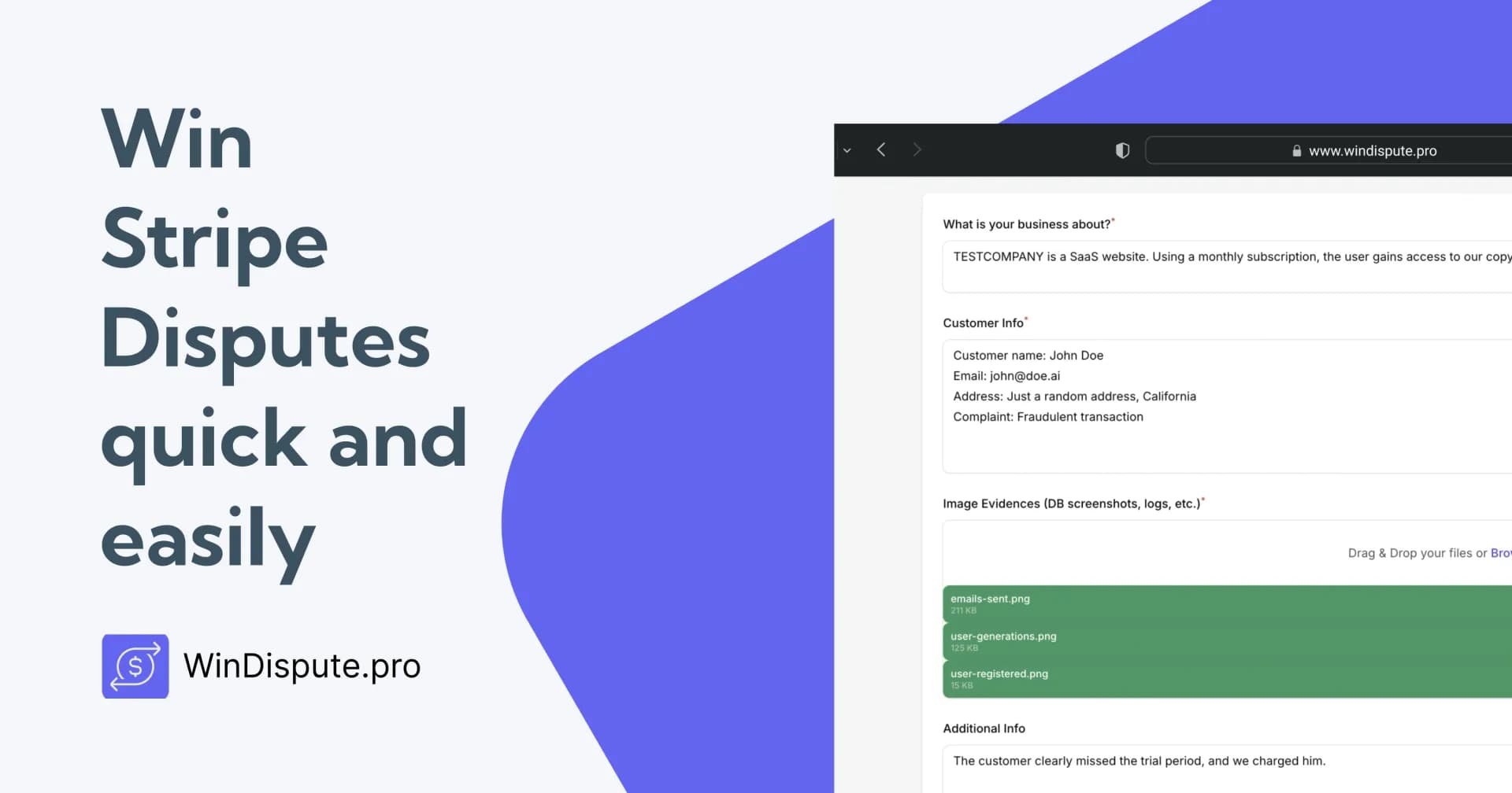 WinDispute.pro homepage screenshot — AI-powered Stripe dispute resolution for merchants.