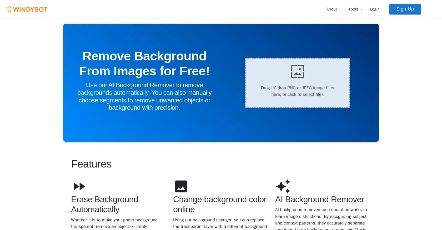 Windybot homepage screenshot — AI-powered productivity boost for writing, reading, art, and