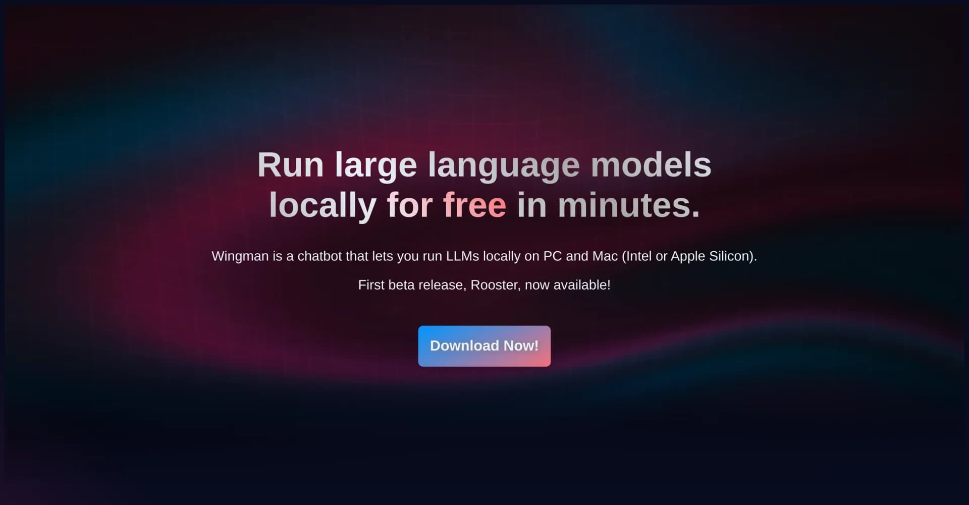 Wingman homepage screenshot — Run large language models locally in minutes.