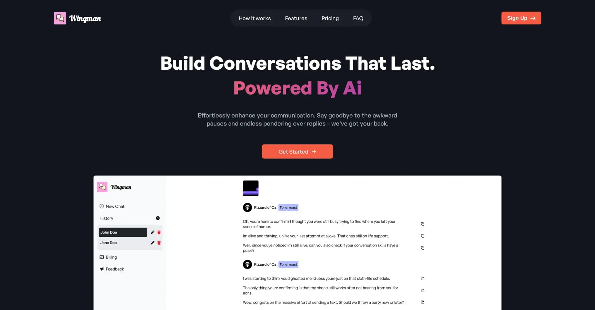 Wingman homepage screenshot — Build conversations that last, powered by AI.