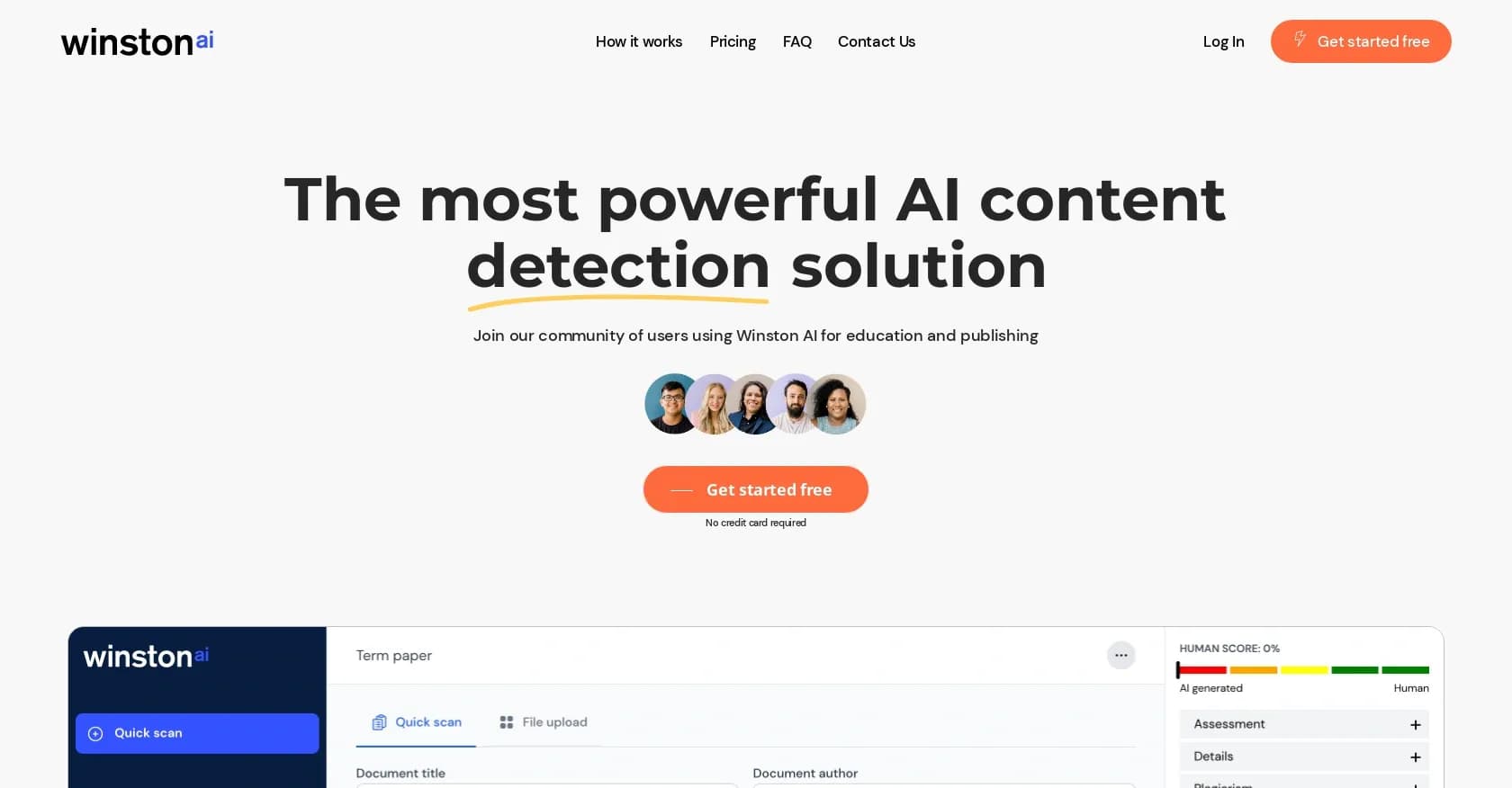 Winston AI homepage screenshot — Instantly detect AI-generated content.