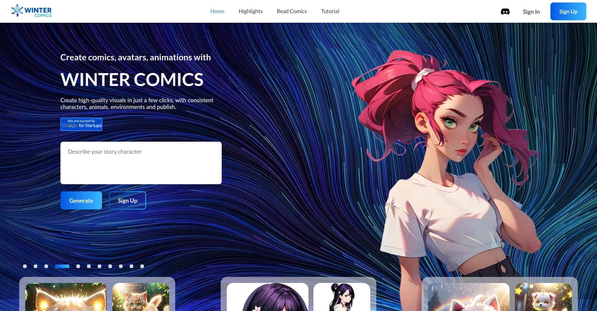 Winter Comics homepage screenshot — Create stunning AI comics and characters — fast, consistent,
