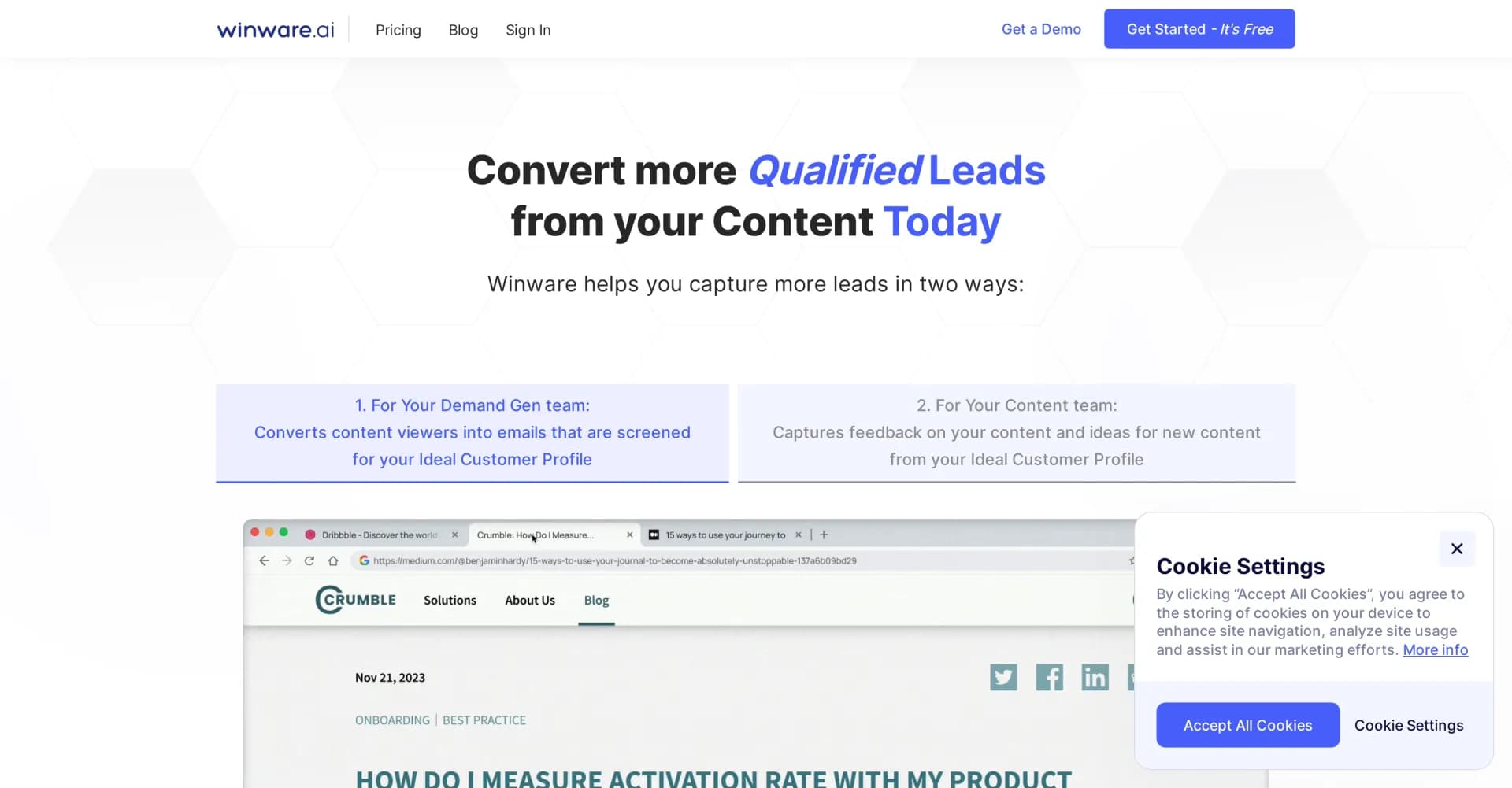 Winware homepage screenshot — Convert content viewers into qualified leads.
